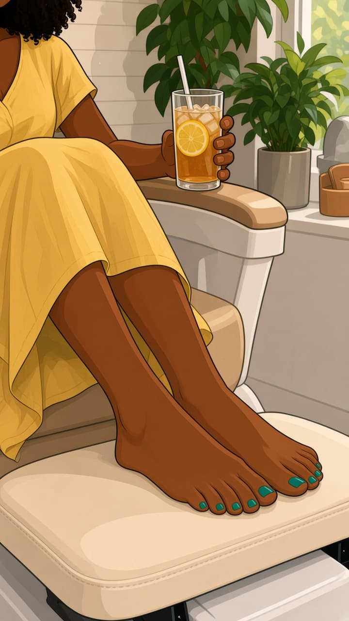 Freshly painted teal toenails resting on a pedicure footrest at a bright salon